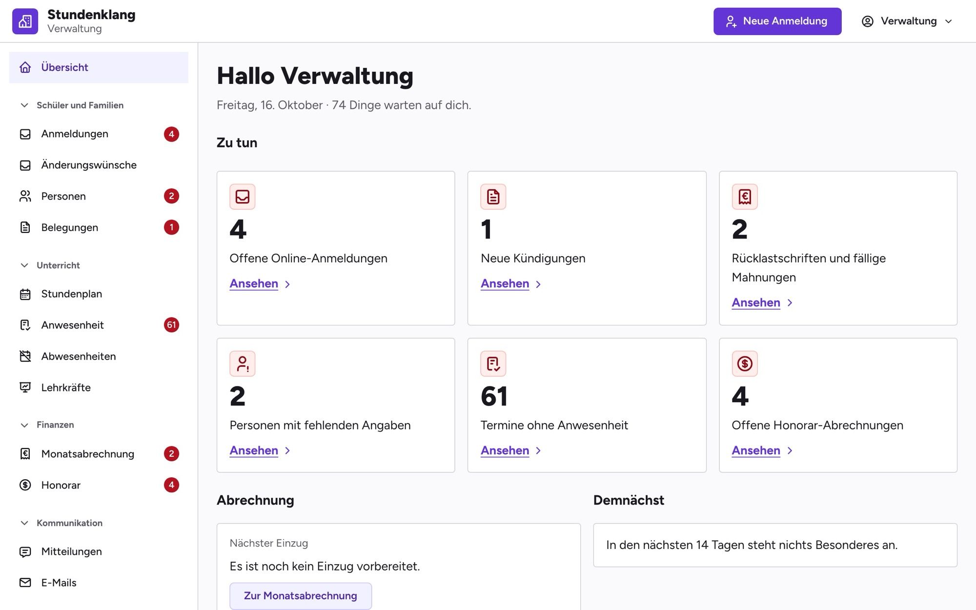 Übersicht der Verwaltung: vier offene Online-Anmeldungen, eine neue Kündigung und weitere Aufgaben auf einen Blick
