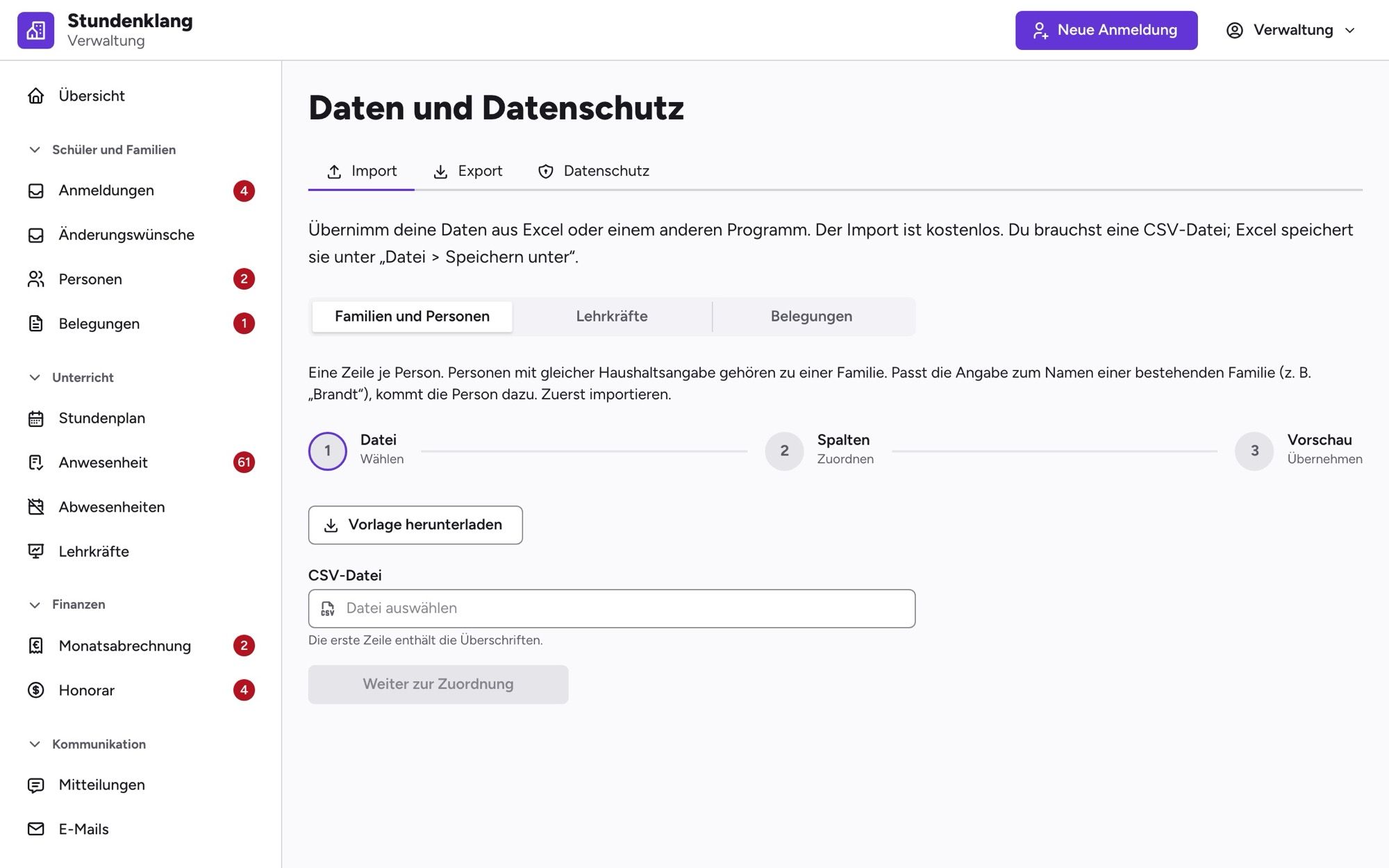 Datenimport in drei Schritten: CSV-Datei wählen, Spalten zuordnen, Vorschau prüfen