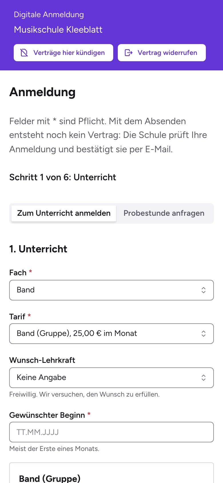 Online-Anmeldung auf dem Handy, Schritt 1 von 6: Fach und Tarif wählen