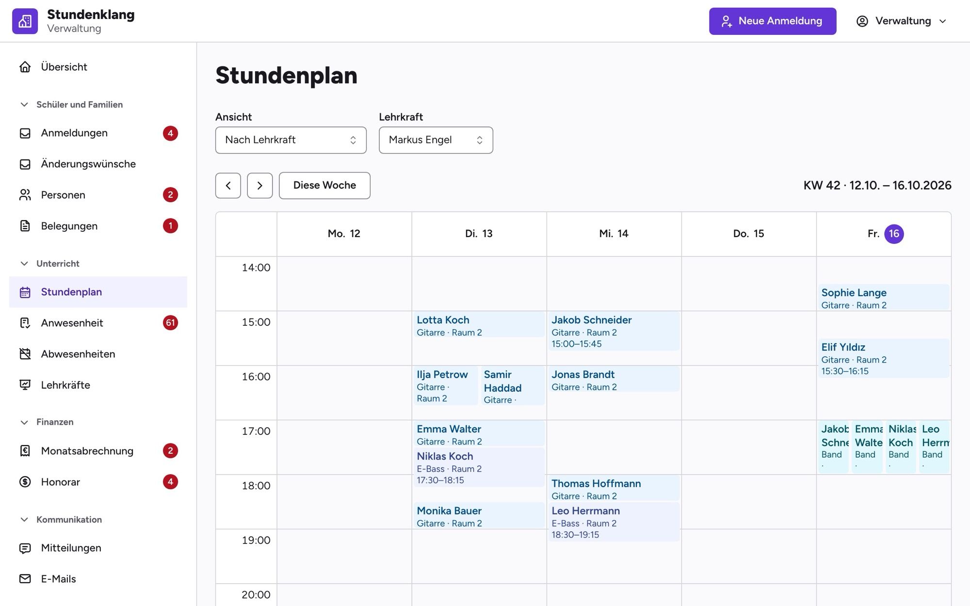 Stundenplan der Woche nach Lehrkraft, mit Schülern, Fächern und Räumen je Stunde