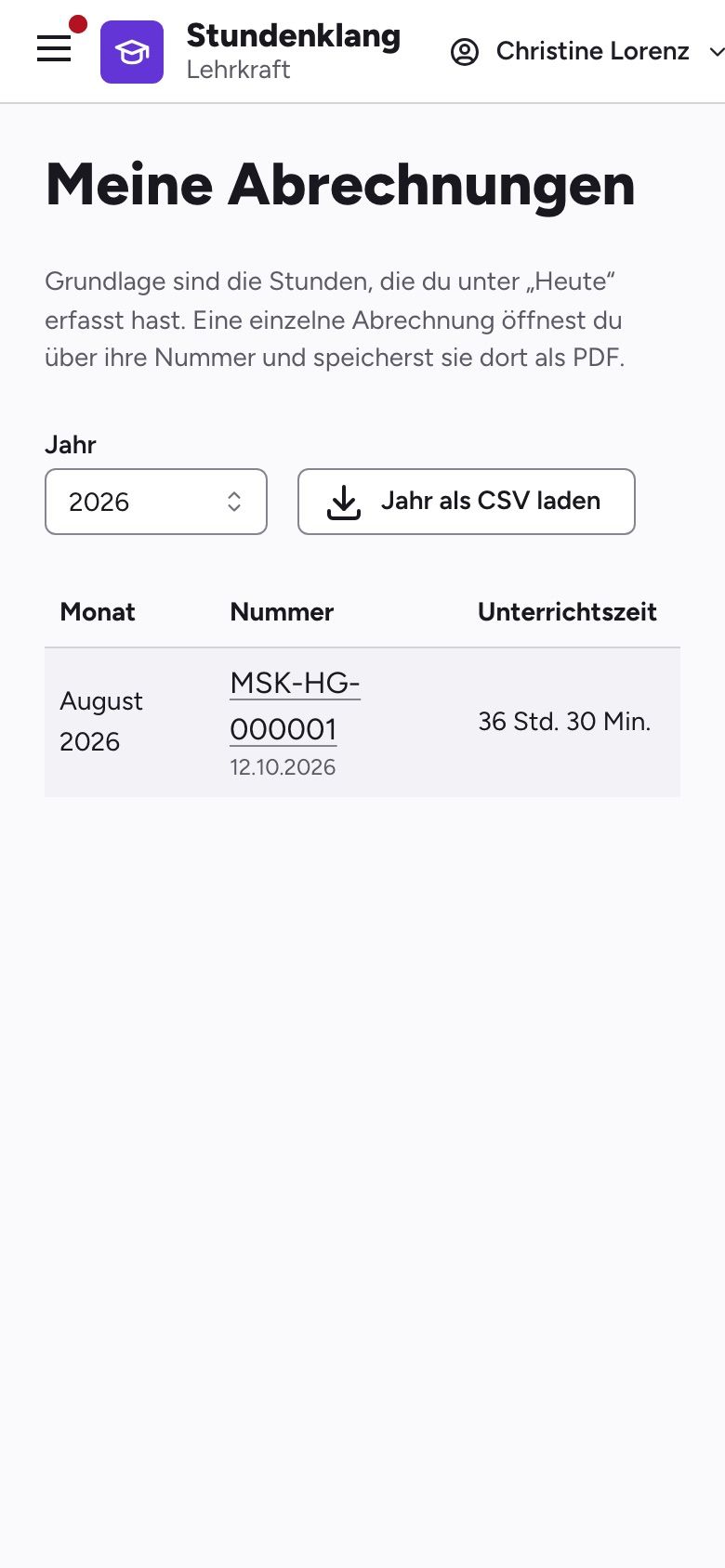 „Meine Abrechnungen“ einer Lehrkraft auf dem Handy: Honorarabrechnung mit Nummer und Unterrichtszeit