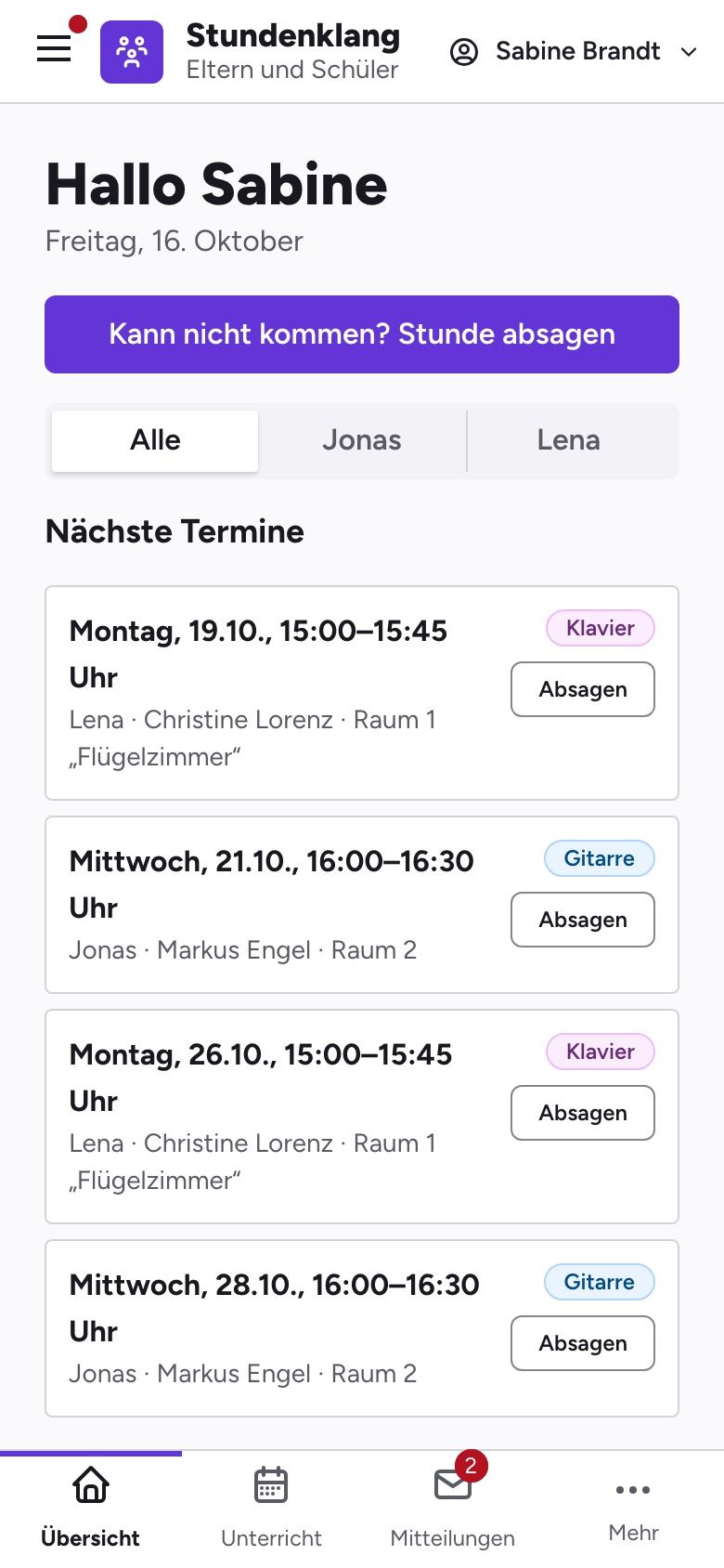 Familienbereich auf dem Handy: nächste Termine der Kinder mit Knopf zum Absagen